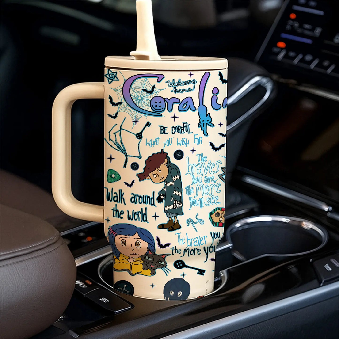 1pc 40oz Stainless Steel Tumbler with Lid and Straw, Insulated Drink Tumbler, Coraline Cartoon Style, Vacuum Insulated Thermal Cup, Keep Hot 12H/Cold 24H, Travel Mug for Movie Fans, Gift for Horror Aesthetic Lovers and Animation Enthusiasts