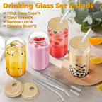 Glass Cup with Lid & Straw & Brush Set, 1/2/4/6/8pcs 16oz Party Clear Glass Cup Set,Housewarming Birthday Gift Ideas, Suitable for Coffee, Juice, Milk Tea, Beer Cocktail Whiskey, Kitchen Household Drinking Utensils Tumblers Drinkware Bottles