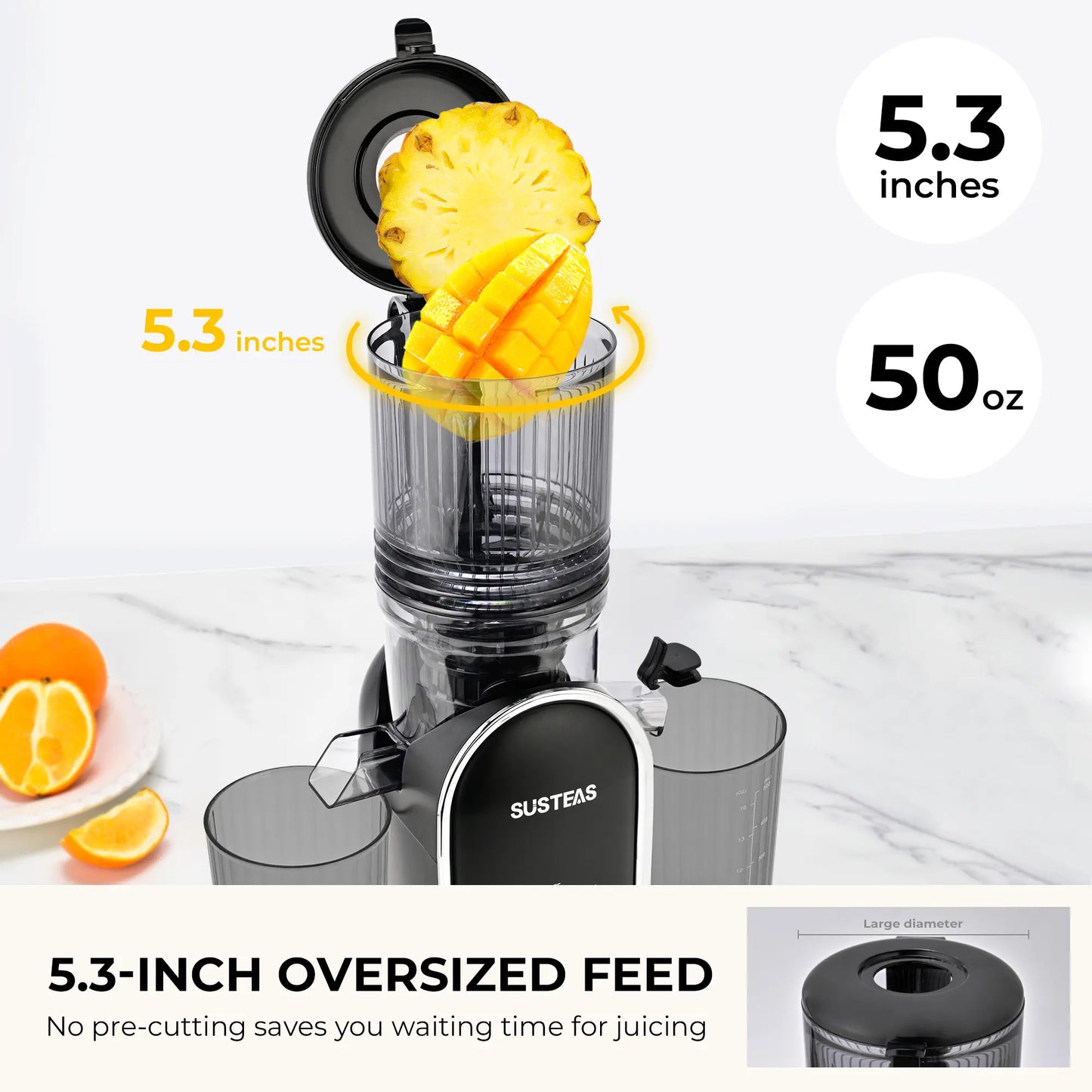 SUSTEAS Cold Press Juicer, 5.3 Inch Large Feed Opening, Slow Masticator Chute, For Whole Vegetables and Fruits, High Yield, Easy to Clean Springtok Steel,summerwins summerwins