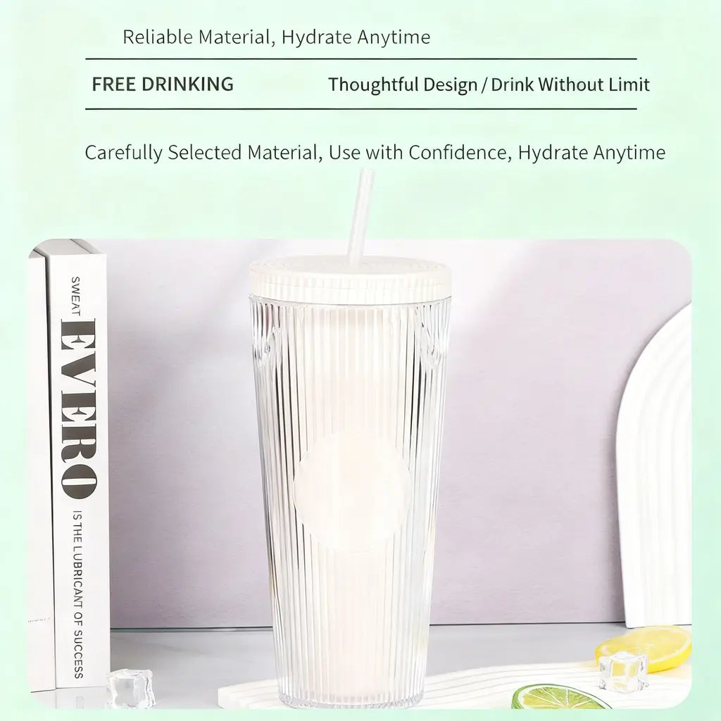 Tradeysum 700ml/24oz Plastic Tumbler with Lid and Straw, Double Wall Insulated Reusable Iced Coffee Cup, Ribbed Texture Cold Drink Mug with DIY Logo Area, BPA-Free High Capacity Water Bottle for Parties Gifts
