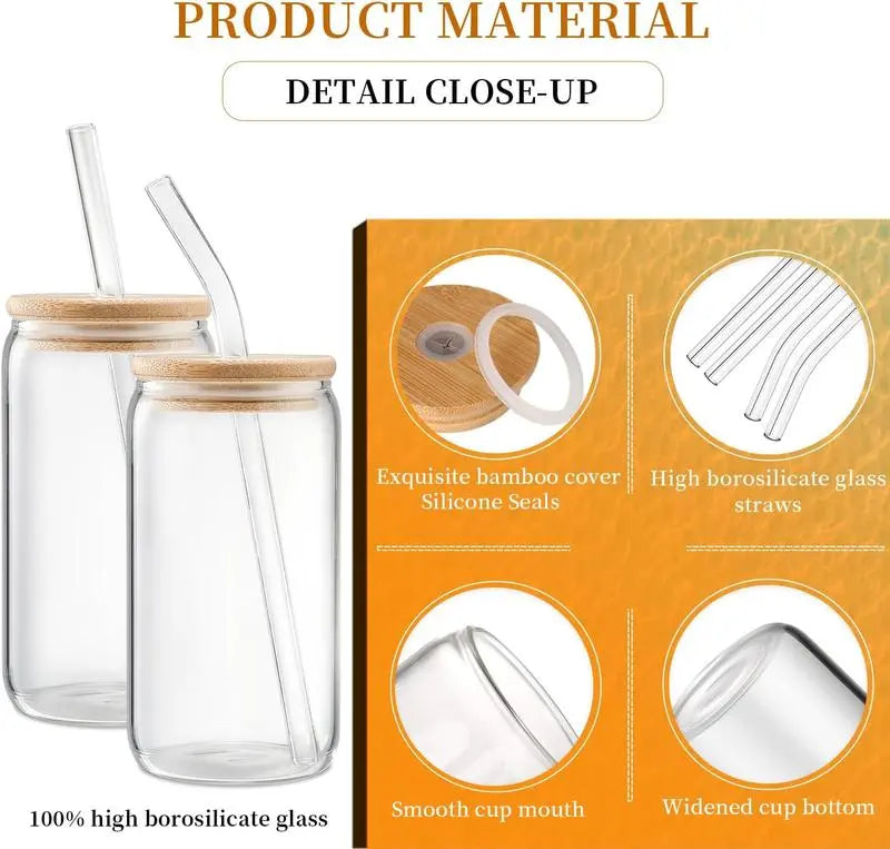 Glass Cup with Lid & Straw & Brush Set, 1/2/4/6/8pcs 16oz Party Clear Glass Cup Set,Housewarming Birthday Gift Ideas, Suitable for Coffee, Juice, Milk Tea, Beer Cocktail Whiskey, Kitchen Household Drinking Utensils Tumblers Drinkware Bottles