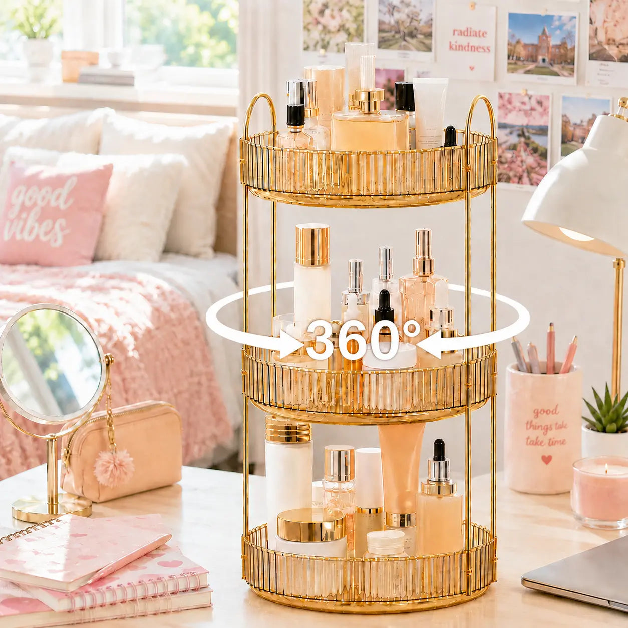 Raybee 360 Rotating Makeup Organizer, Large 2-3 Tier Acrylic Cologne Perfume Holder for Vanity Countertop,Dorm, Steady Lazy Susan Cosmetics Storage Organizer, Space Saving Fragrance Display Tower for Figures Lipsticks Brushes, Perfect for Back to School
