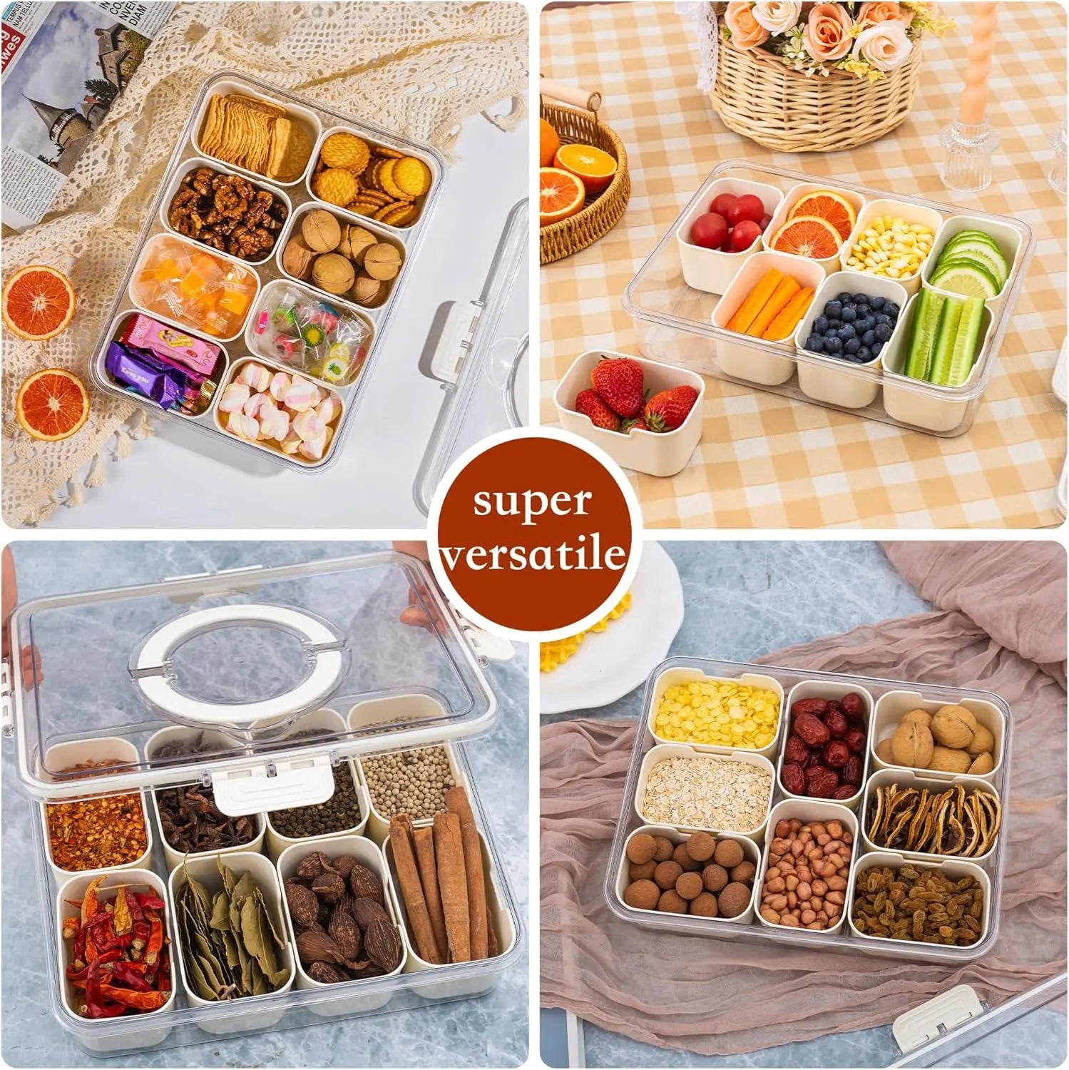 Snackle Box Container with Lid Travel Charcuterie Box with Handle Organizer for Candy, Fruit, Nuts, Veggies, Snacks, Beach Essentials, Portable Lunch Box (Pink, Blue, White)