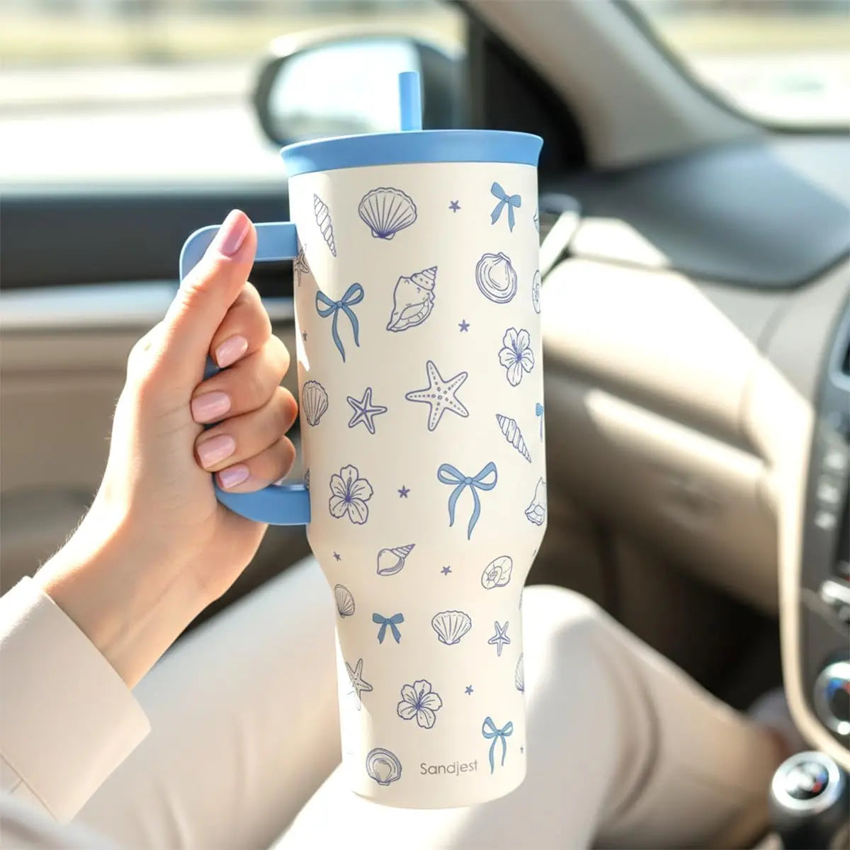 SANDJEST 40oz Summer Insulated Stainless Steel Tumbler with Handle & Straw, Cup Holder Friendly for Travel, Portable Vacuum Flask, Hot/Cold Insulation, Great Gifts for Mom Girls Her Women