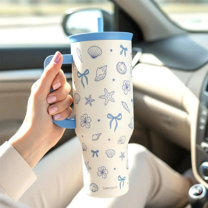 SANDJEST 40oz Summer Insulated Stainless Steel Tumbler with Handle & Straw, Cup Holder Friendly for Travel, Portable Vacuum Flask, Hot/Cold Insulation, Great Gifts for Mom Girls Her Women