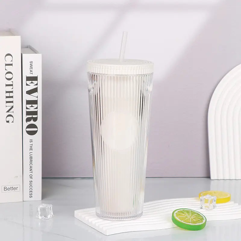 Tradeysum 700ml/24oz Plastic Tumbler with Lid and Straw, Double Wall Insulated Reusable Iced Coffee Cup, Ribbed Texture Cold Drink Mug with DIY Logo Area, BPA-Free High Capacity Water Bottle for Parties Gifts