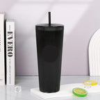 Tradeysum 700ml/24oz Plastic Tumbler with Lid and Straw, Double Wall Insulated Reusable Iced Coffee Cup, Ribbed Texture Cold Drink Mug with DIY Logo Area, BPA-Free High Capacity Water Bottle for Parties Gifts
