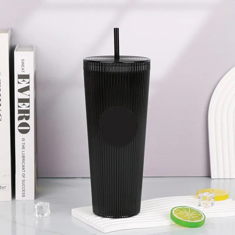 Tradeysum 700ml/24oz Plastic Tumbler with Lid and Straw, Double Wall Insulated Reusable Iced Coffee Cup, Ribbed Texture Cold Drink Mug with DIY Logo Area, BPA-Free High Capacity Water Bottle for Parties Gifts