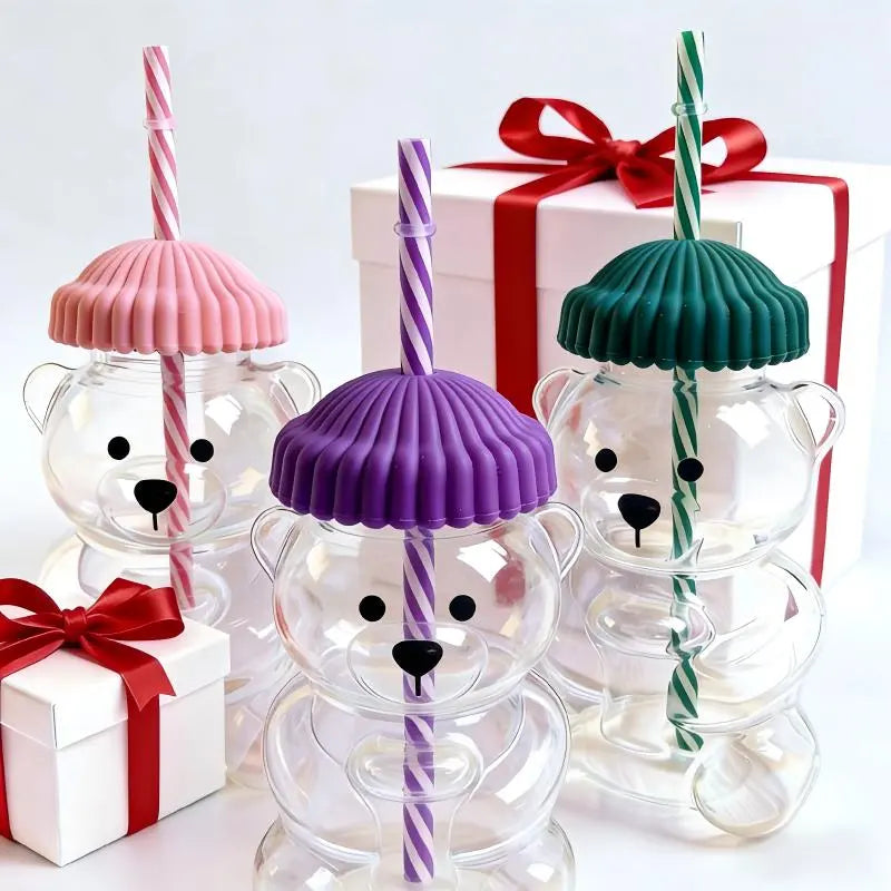 Viral Bearista Cold Cup for 2026 Holiday Collection Nostalgia Cute Bear Cup With Striped Straw 20oz High-Quality Glass Tumbler for Smoothies Boba & Beverage  Iced Coffee Glass Gifts colorful glass cup practical gift