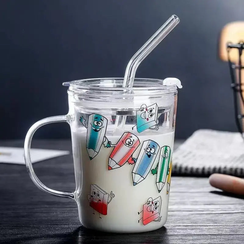 Tradeysum 350ML Glass Cup with Handle, Lid and Straw for Kids, Cute Cartoon Pattern Milk Juice Mug, Heat Resistant Borosilicate Glass Water Bottle, Portable Drinking Cup for School Home Office, Gift for Boys Girls
