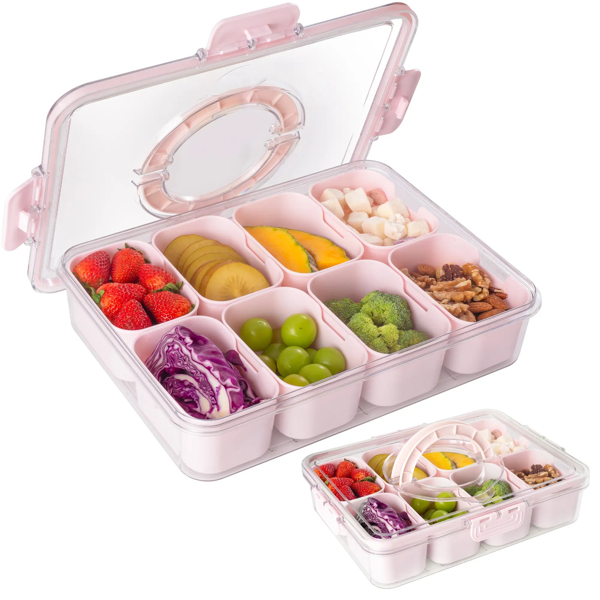 Snackle Box Container with Lid Travel Charcuterie Box with Handle Organizer for Candy, Fruit, Nuts, Veggies, Snacks, Beach Essentials, Portable Lunch Box (Pink, Blue, White)