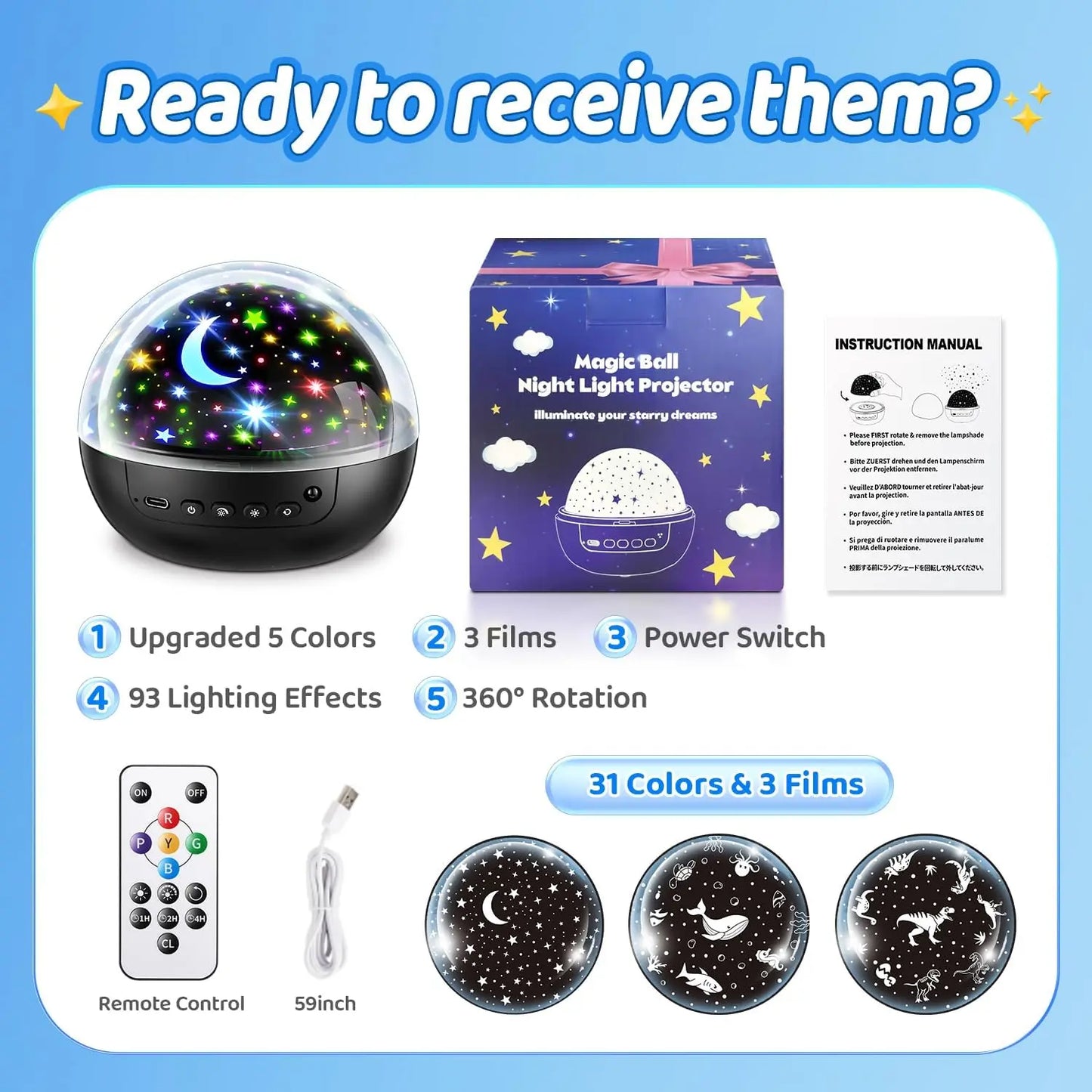 OneFire Night Light for Kids ball 93 Lighting+3 Films Kids Night Light Projector,Remote+Dimmable Star Projector dinosaur toys 360° Ceiling Stars Glow in The Dark Stars,Christmas Gifts for 4 Year Old Boy Birthday Gift Remote Controlled