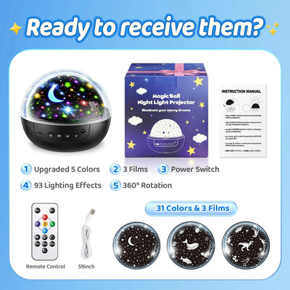 OneFire Night Light for Kids ball 93 Lighting+3 Films Kids Night Light Projector,Remote+Dimmable Star Projector dinosaur toys 360° Ceiling Stars Glow in The Dark Stars,Christmas Gifts for 4 Year Old Boy Birthday Gift Remote Controlled
