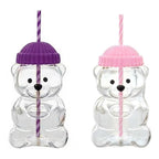 Viral Bearista Cold Cup for 2026 Holiday Collection Nostalgia Cute Bear Cup With Striped Straw 20oz High-Quality Glass Tumbler for Smoothies Boba & Beverage  Iced Coffee Glass Gifts colorful glass cup practical gift