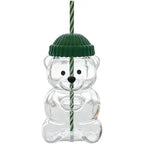 Viral Bearista Cold Cup for 2026 Holiday Collection Nostalgia Cute Bear Cup With Striped Straw 20oz High-Quality Glass Tumbler for Smoothies Boba & Beverage  Iced Coffee Glass Gifts colorful glass cup practical gift