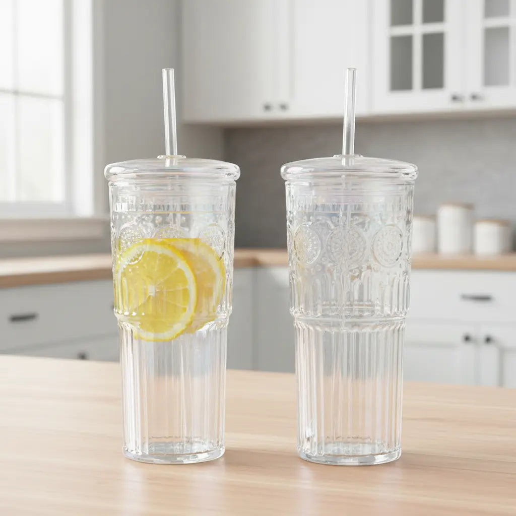【Father's Day Gift】Glass Iced Coffee Cup With Lids and Straws, 24 OZ High Borosilicate Glass Tumbler for Water Smoothie Juice Drinks, Modern Glass Mug for Cold & Hot Beverages