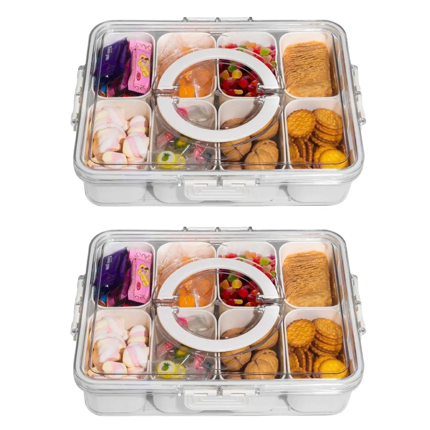 Snackle Box Container with Lid Travel Charcuterie Box with Handle Organizer for Candy, Fruit, Nuts, Veggies, Snacks, Beach Essentials, Portable Lunch Box (Pink, Blue, White)