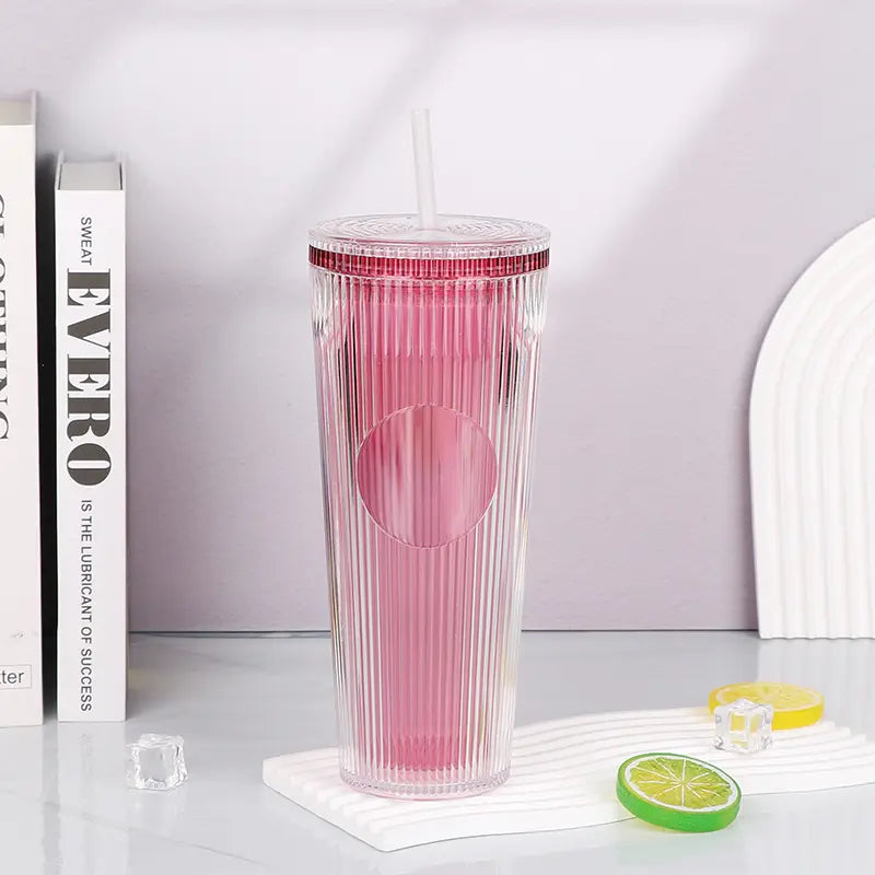 Tradeysum 700ml/24oz Plastic Tumbler with Lid and Straw, Double Wall Insulated Reusable Iced Coffee Cup, Ribbed Texture Cold Drink Mug with DIY Logo Area, BPA-Free High Capacity Water Bottle for Parties Gifts