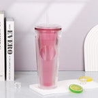 Tradeysum 700ml/24oz Plastic Tumbler with Lid and Straw, Double Wall Insulated Reusable Iced Coffee Cup, Ribbed Texture Cold Drink Mug with DIY Logo Area, BPA-Free High Capacity Water Bottle for Parties Gifts