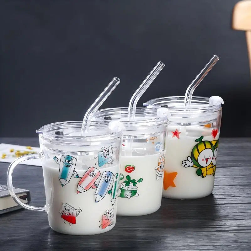 Tradeysum 350ML Glass Cup with Handle, Lid and Straw for Kids, Cute Cartoon Pattern Milk Juice Mug, Heat Resistant Borosilicate Glass Water Bottle, Portable Drinking Cup for School Home Office, Gift for Boys Girls