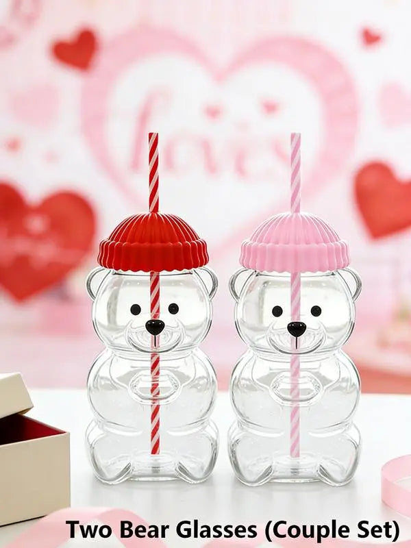 Viral Bearista Cold Cup for 2026 Holiday Collection Nostalgia Cute Bear Cup With Striped Straw 20oz High-Quality Glass Tumbler for Smoothies Boba & Beverage  Iced Coffee Glass Gifts colorful glass cup practical gift