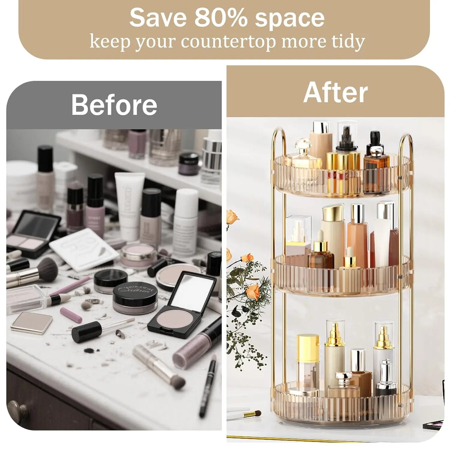 Raybee 360 Rotating Makeup Organizer, Large 2-3 Tier Acrylic Cologne Perfume Holder for Vanity Countertop,Dorm, Steady Lazy Susan Cosmetics Storage Organizer, Space Saving Fragrance Display Tower for Figures Lipsticks Brushes, Perfect for Back to School