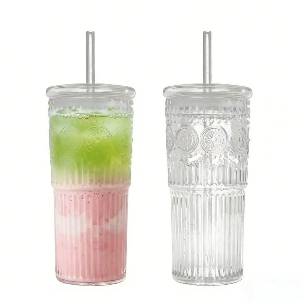 【Father's Day Gift】Glass Iced Coffee Cup With Lids and Straws, 24 OZ High Borosilicate Glass Tumbler for Water Smoothie Juice Drinks, Modern Glass Mug for Cold & Hot Beverages