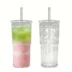 【Father's Day Gift】Glass Iced Coffee Cup With Lids and Straws, 24 OZ High Borosilicate Glass Tumbler for Water Smoothie Juice Drinks, Modern Glass Mug for Cold & Hot Beverages