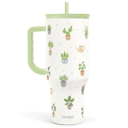 SANDJEST 40oz Summer Insulated Stainless Steel Tumbler with Handle & Straw, Cup Holder Friendly for Travel, Portable Vacuum Flask, Hot/Cold Insulation, Great Gifts for Mom Girls Her Women