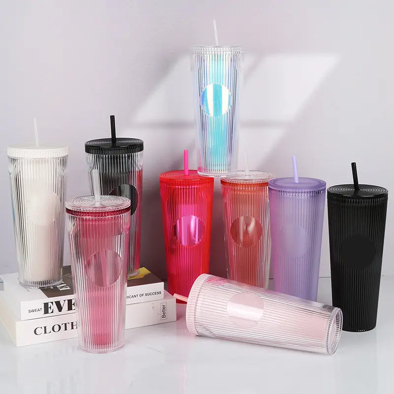 Tradeysum 700ml/24oz Plastic Tumbler with Lid and Straw, Double Wall Insulated Reusable Iced Coffee Cup, Ribbed Texture Cold Drink Mug with DIY Logo Area, BPA-Free High Capacity Water Bottle for Parties Gifts