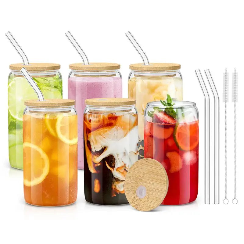 Glass Cup with Lid & Straw & Brush Set, 1/2/4/6/8pcs 16oz Party Clear Glass Cup Set,Housewarming Birthday Gift Ideas, Suitable for Coffee, Juice, Milk Tea, Beer Cocktail Whiskey, Kitchen Household Drinking Utensils Tumblers Drinkware Bottles