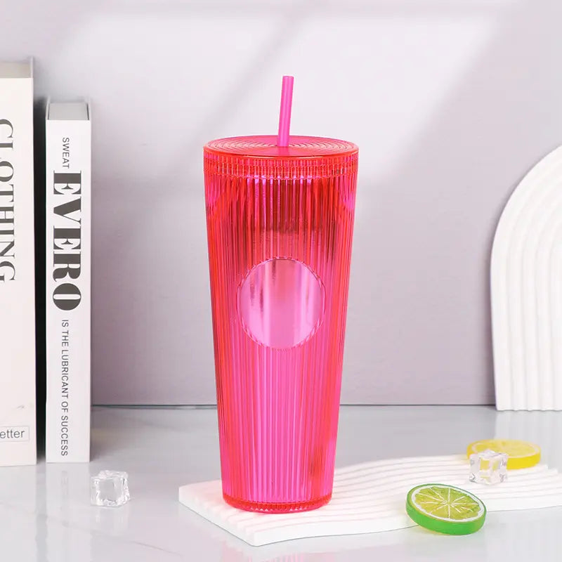 Tradeysum 700ml/24oz Plastic Tumbler with Lid and Straw, Double Wall Insulated Reusable Iced Coffee Cup, Ribbed Texture Cold Drink Mug with DIY Logo Area, BPA-Free High Capacity Water Bottle for Parties Gifts