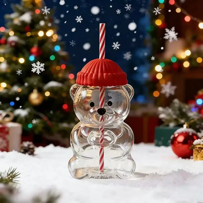 Viral Bearista Cold Cup for 2026 Holiday Collection Nostalgia Cute Bear Cup With Striped Straw 20oz High-Quality Glass Tumbler for Smoothies Boba & Beverage  Iced Coffee Glass Gifts colorful glass cup practical gift