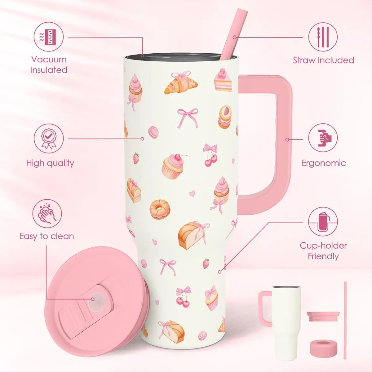 SANDJEST 40oz Summer Insulated Stainless Steel Tumbler with Handle & Straw, Cup Holder Friendly for Travel, Portable Vacuum Flask, Hot/Cold Insulation, Great Gifts for Mom Girls Her Women