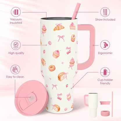 SANDJEST 40oz Summer Insulated Stainless Steel Tumbler with Handle & Straw, Cup Holder Friendly for Travel, Portable Vacuum Flask, Hot/Cold Insulation, Great Gifts for Mom Girls Her Women