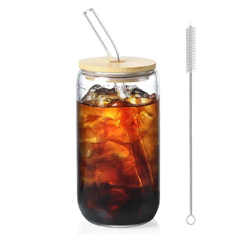 Glass Cup with Lid & Straw & Brush Set, 1/2/4/6/8pcs 16oz Party Clear Glass Cup Set,Housewarming Birthday Gift Ideas, Suitable for Coffee, Juice, Milk Tea, Beer Cocktail Whiskey, Kitchen Household Drinking Utensils Tumblers Drinkware Bottles