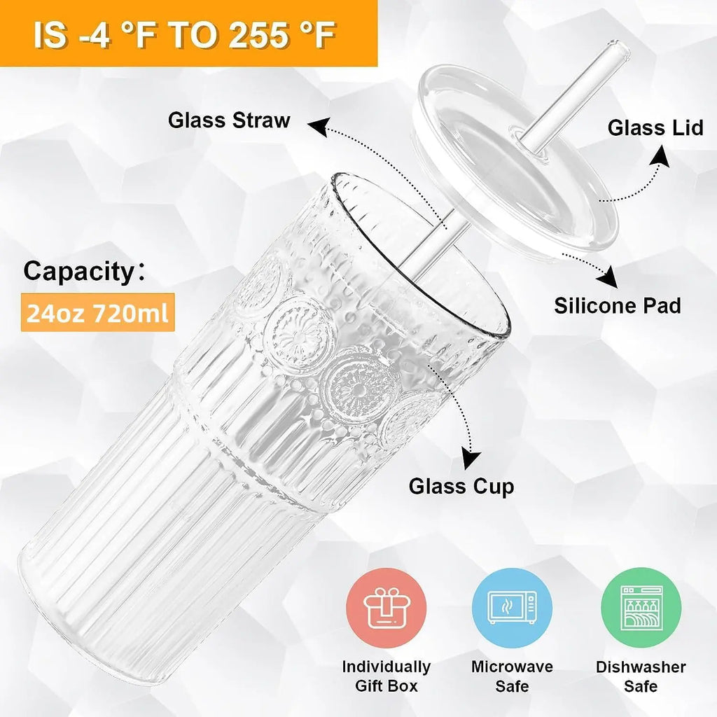 【Father's Day Gift】Glass Iced Coffee Cup With Lids and Straws, 24 OZ High Borosilicate Glass Tumbler for Water Smoothie Juice Drinks, Modern Glass Mug for Cold & Hot Beverages