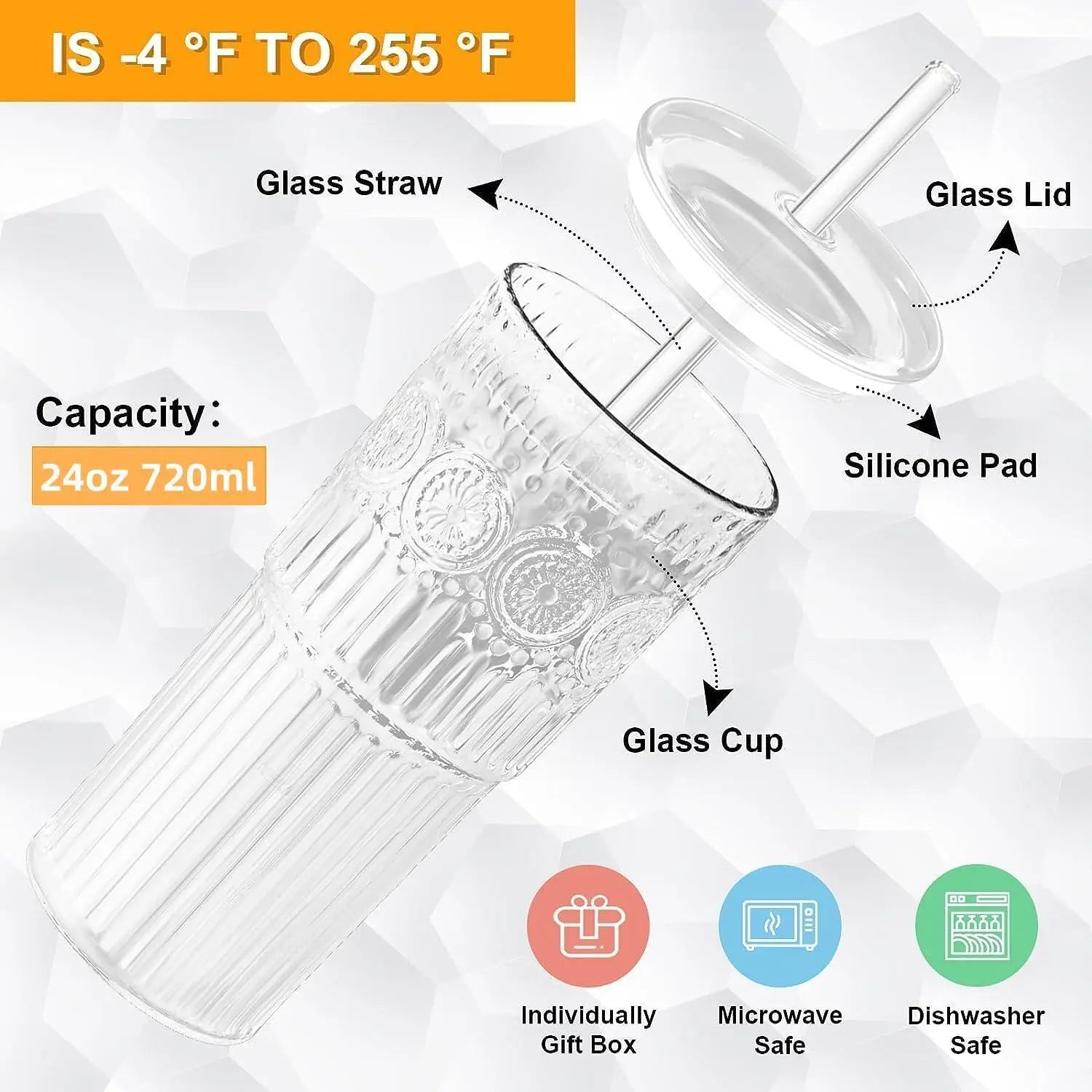 【Father's Day Gift】Glass Iced Coffee Cup With Lids and Straws, 24 OZ High Borosilicate Glass Tumbler for Water Smoothie Juice Drinks, Modern Glass Mug for Cold & Hot Beverages