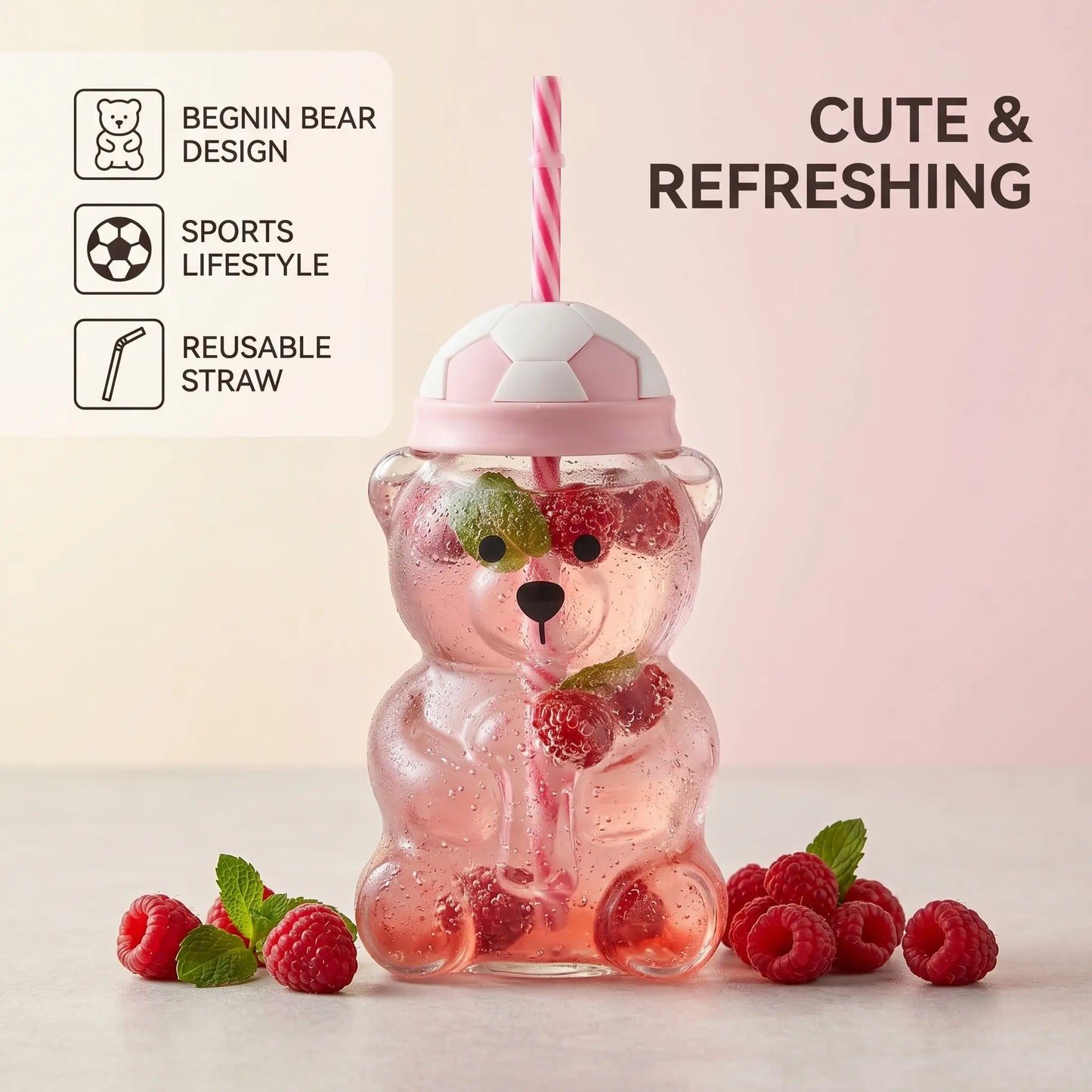 20oz Cute Bear Soccer Cup – Fun Sports-Themed Drink Bottle for Kids, Teens & Adults – School, Parties, Travel & Everyday Hydration