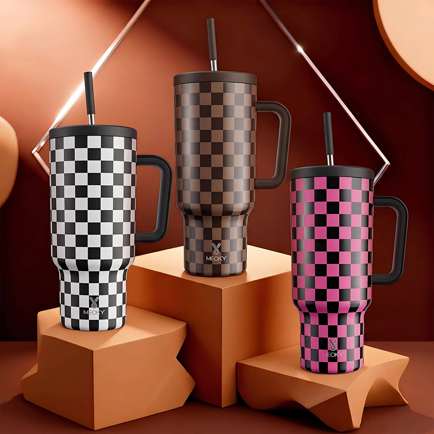 Meoky Plaid 40oz Travel Tumbler with Handle - Stainless Vacuum Flask, Leak-Proof Insulated Mug, Reusable Chiller Bottle, Non-Slip Base, Car-Friendly, BPA-Free,Flasks, Reusable Chiller Bottle Vacuum Flasks #TikTokShopSummerSale