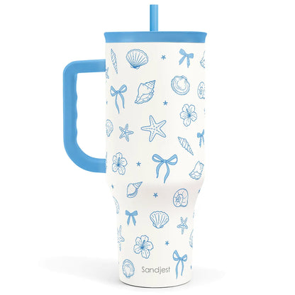 SANDJEST 40oz Summer Insulated Stainless Steel Tumbler with Handle & Straw, Cup Holder Friendly for Travel, Portable Vacuum Flask, Hot/Cold Insulation, Great Gifts for Mom Girls Her Women