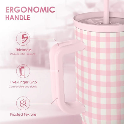 SANDJEST 40oz Summer Insulated Stainless Steel Tumbler with Handle & Straw, Cup Holder Friendly for Travel, Portable Vacuum Flask, Hot/Cold Insulation, Great Gifts for Mom Girls Her Women