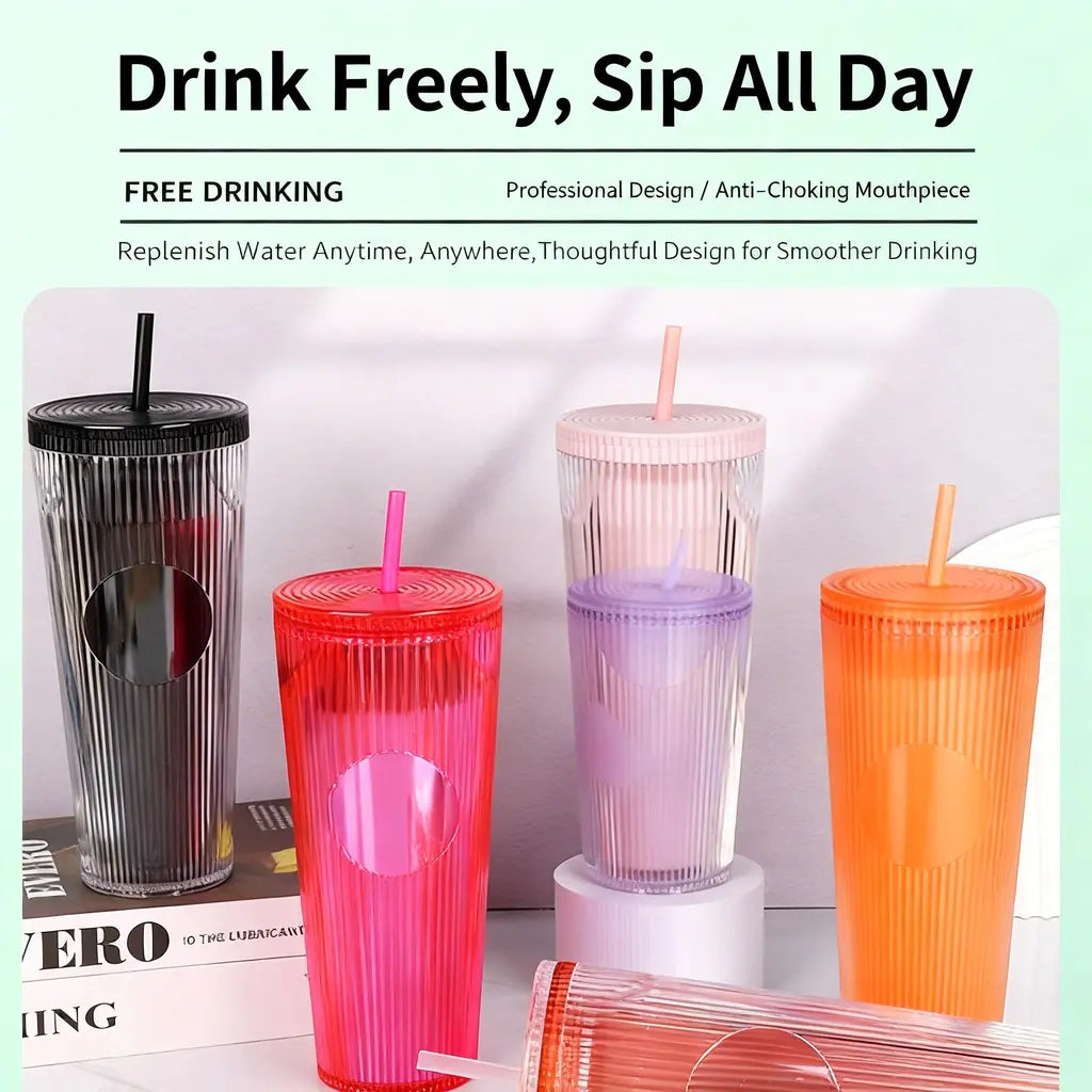Tradeysum 700ml/24oz Plastic Tumbler with Lid and Straw, Double Wall Insulated Reusable Iced Coffee Cup, Ribbed Texture Cold Drink Mug with DIY Logo Area, BPA-Free High Capacity Water Bottle for Parties Gifts