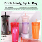 Tradeysum 700ml/24oz Plastic Tumbler with Lid and Straw, Double Wall Insulated Reusable Iced Coffee Cup, Ribbed Texture Cold Drink Mug with DIY Logo Area, BPA-Free High Capacity Water Bottle for Parties Gifts