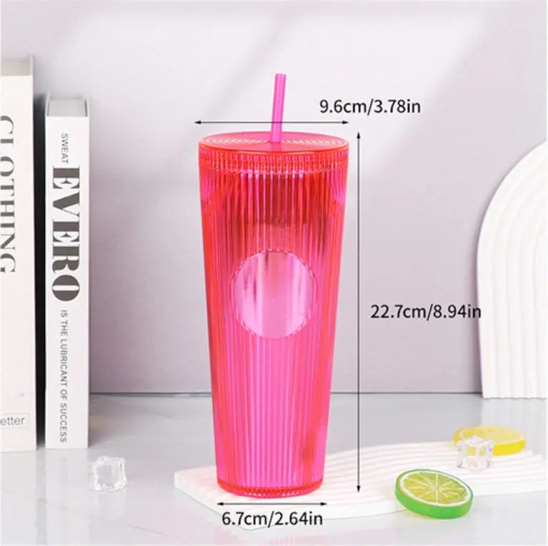 Tradeysum 700ml/24oz Plastic Tumbler with Lid and Straw, Double Wall Insulated Reusable Iced Coffee Cup, Ribbed Texture Cold Drink Mug with DIY Logo Area, BPA-Free High Capacity Water Bottle for Parties Gifts
