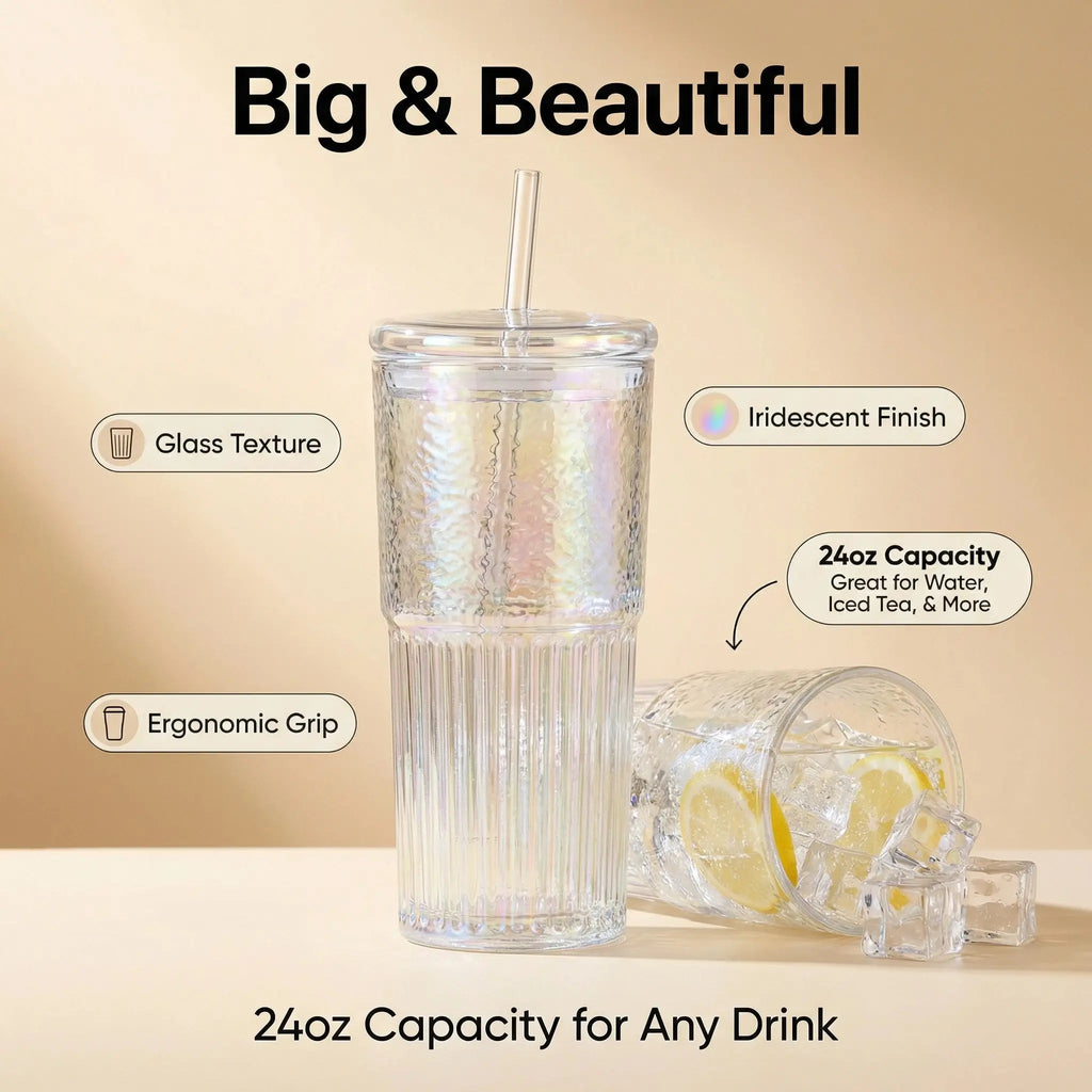 【Father's Day Gift】Glass Iced Coffee Cup With Lids and Straws, 24 OZ High Borosilicate Glass Tumbler for Water Smoothie Juice Drinks, Modern Glass Mug for Cold & Hot Beverages