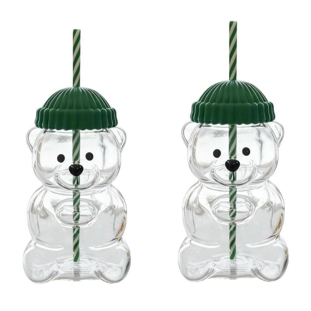 Viral Bearista Cold Cup for 2026 Holiday Collection Nostalgia Cute Bear Cup With Striped Straw 20oz High-Quality Glass Tumbler for Smoothies Boba & Beverage  Iced Coffee Glass Gifts colorful glass cup practical gift