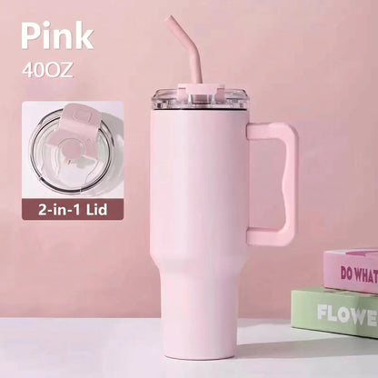 Tradeysum 40oz Tumbler with Handle - Insulated Stainless Steel Water Bottle, Leakproof Travel Mug for Office, Outdoor, Car & Gym, BPA-Free - Ideal Gift for Men & Women (Pink, 40-oz)