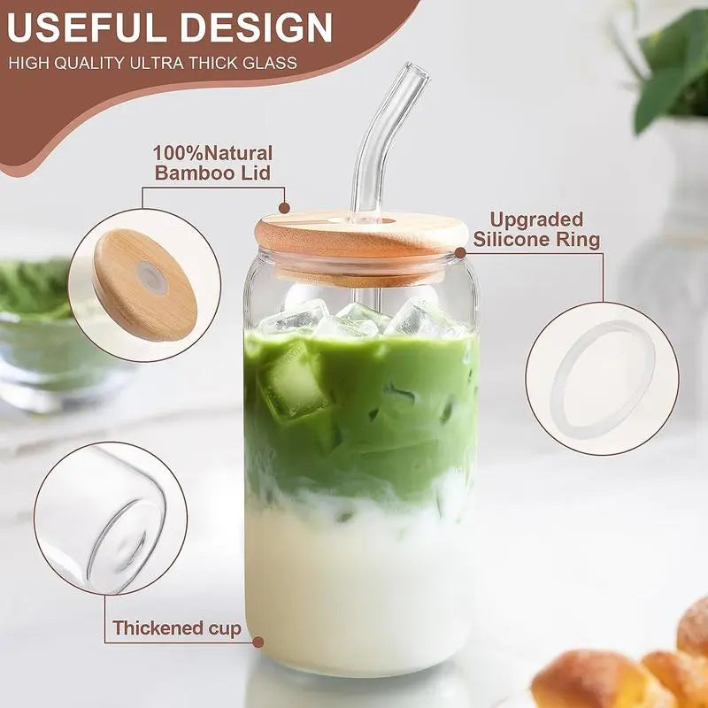 Glass Cup with Lid & Straw & Brush Set, 1/2/4/6/8pcs 16oz Party Clear Glass Cup Set,Housewarming Birthday Gift Ideas, Suitable for Coffee, Juice, Milk Tea, Beer Cocktail Whiskey, Kitchen Household Drinking Utensils Tumblers Drinkware Bottles