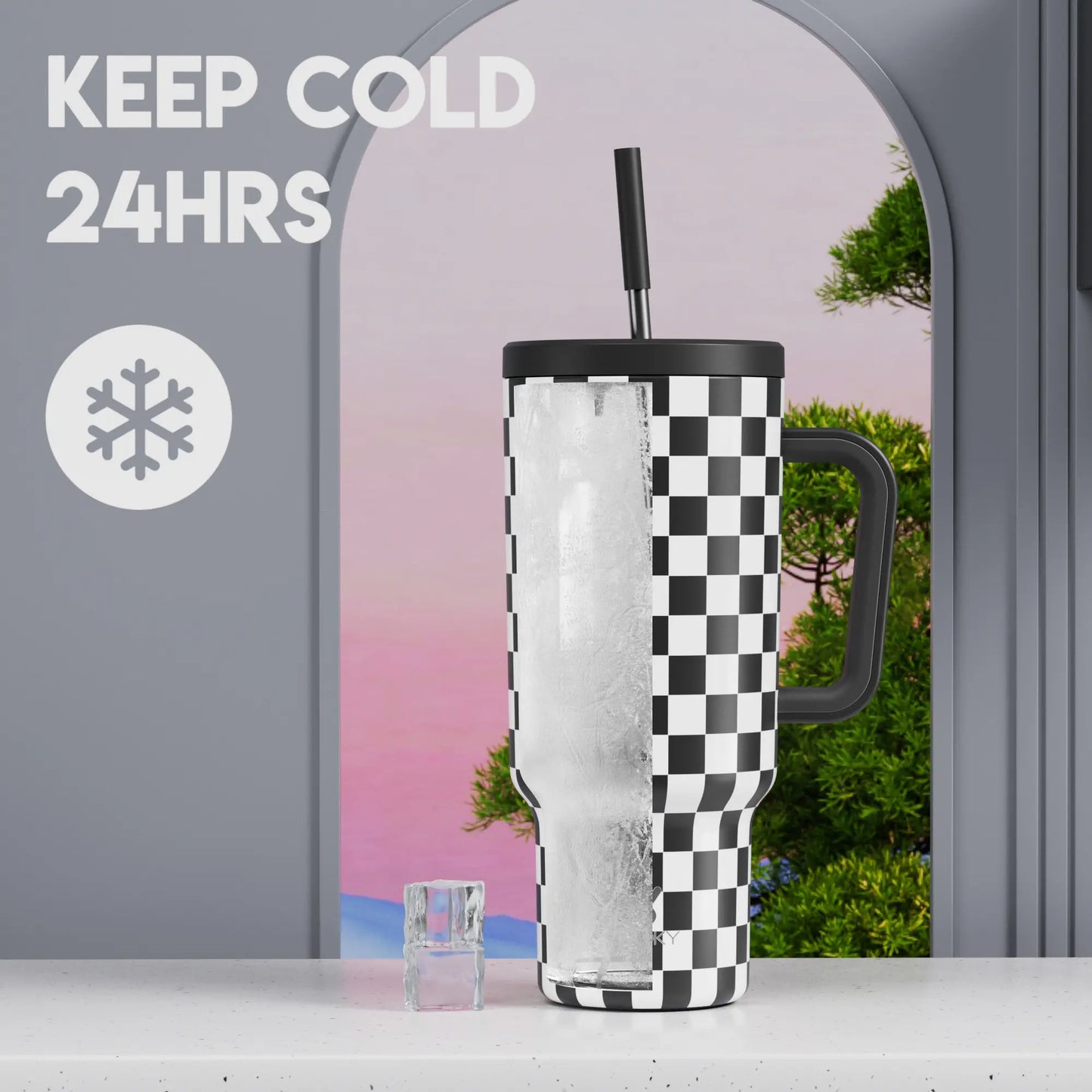 Meoky Plaid 40oz Travel Tumbler with Handle - Stainless Vacuum Flask, Leak-Proof Insulated Mug, Reusable Chiller Bottle, Non-Slip Base, Car-Friendly, BPA-Free,Flasks, Reusable Chiller Bottle Vacuum Flasks #TikTokShopSummerSale